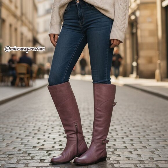 Frye Dorado Polished Genuine Leather Bordeaux/Light Red Knee High Riding…